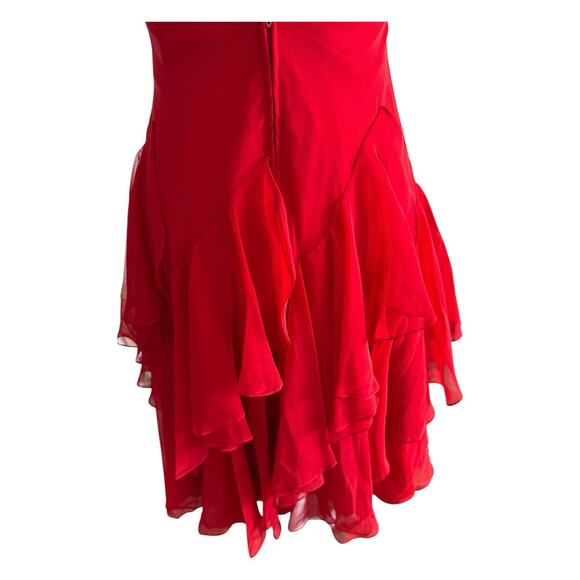 VTG Y2K Red Silk Sequin Midi Cocktail Dress Gown Fairy Ruffle XS Ethereal Prom - Picture 5 of 12